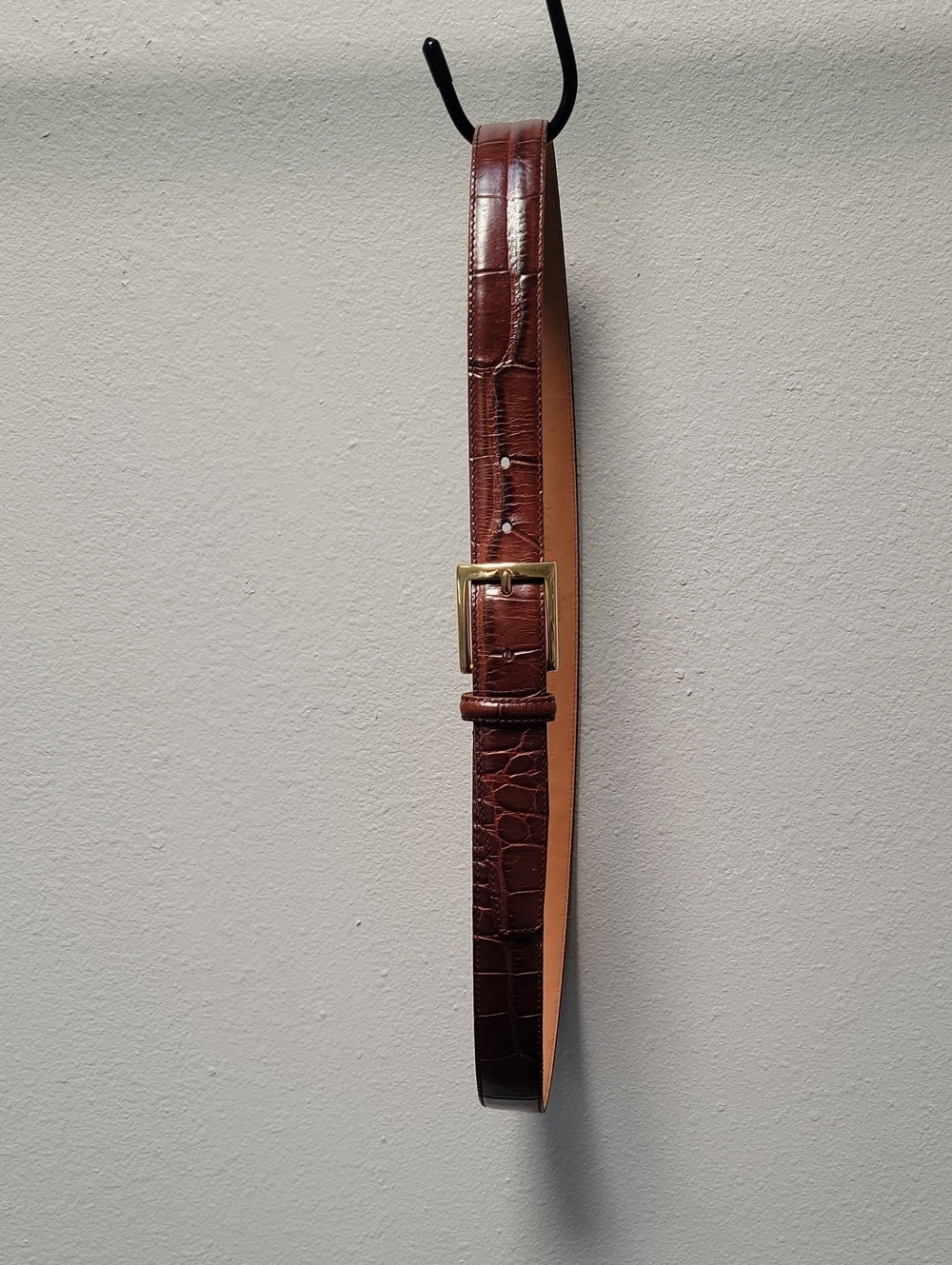 Jos A Bank Men's Croc-Embossed Brown Leather Belt with Gold Buckle